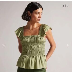 Ted Baker London Green Flutter Sleeve Smocked Blouse